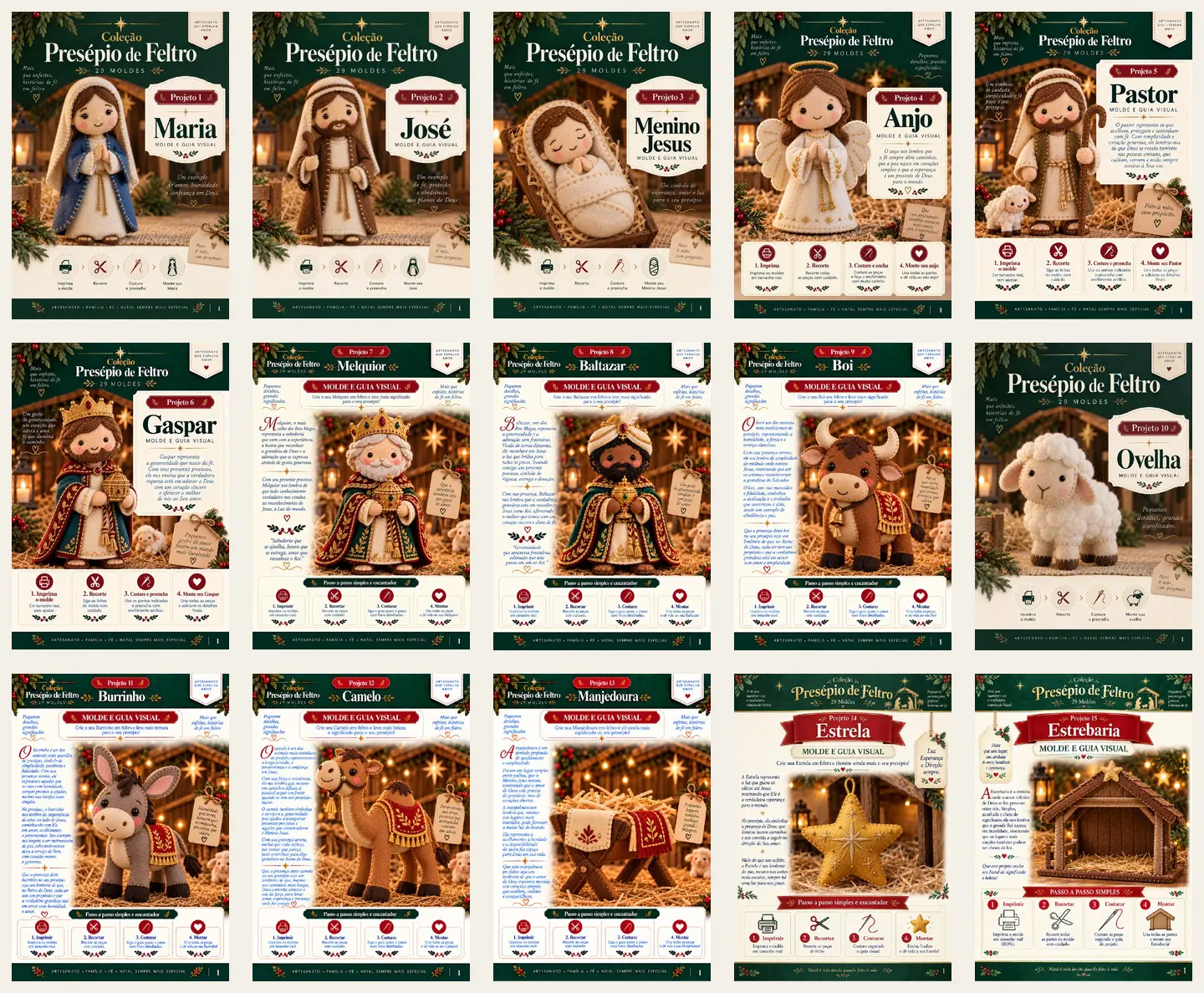 Capas reais dos 15 PDFs da Coleção Presépio de Feltro
