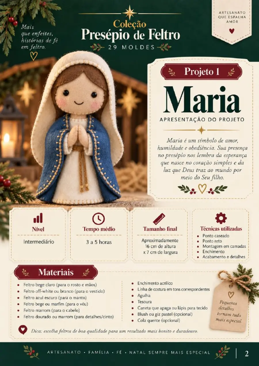 Página real com apresentação, nível, tempo, tamanho, técnicas e materiais do projeto Maria