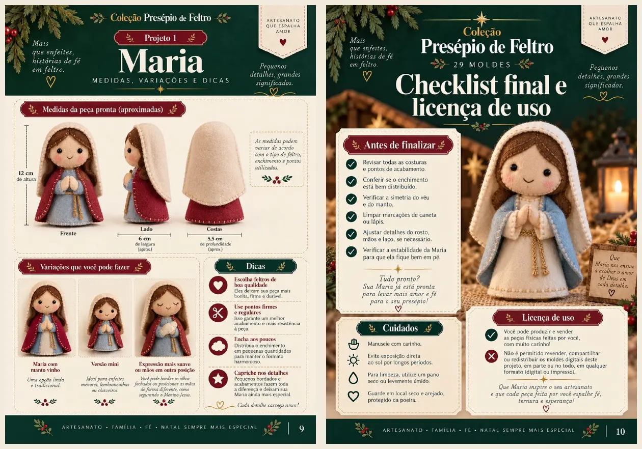 Páginas reais com medidas, variações, dicas e checklist final do projeto Maria