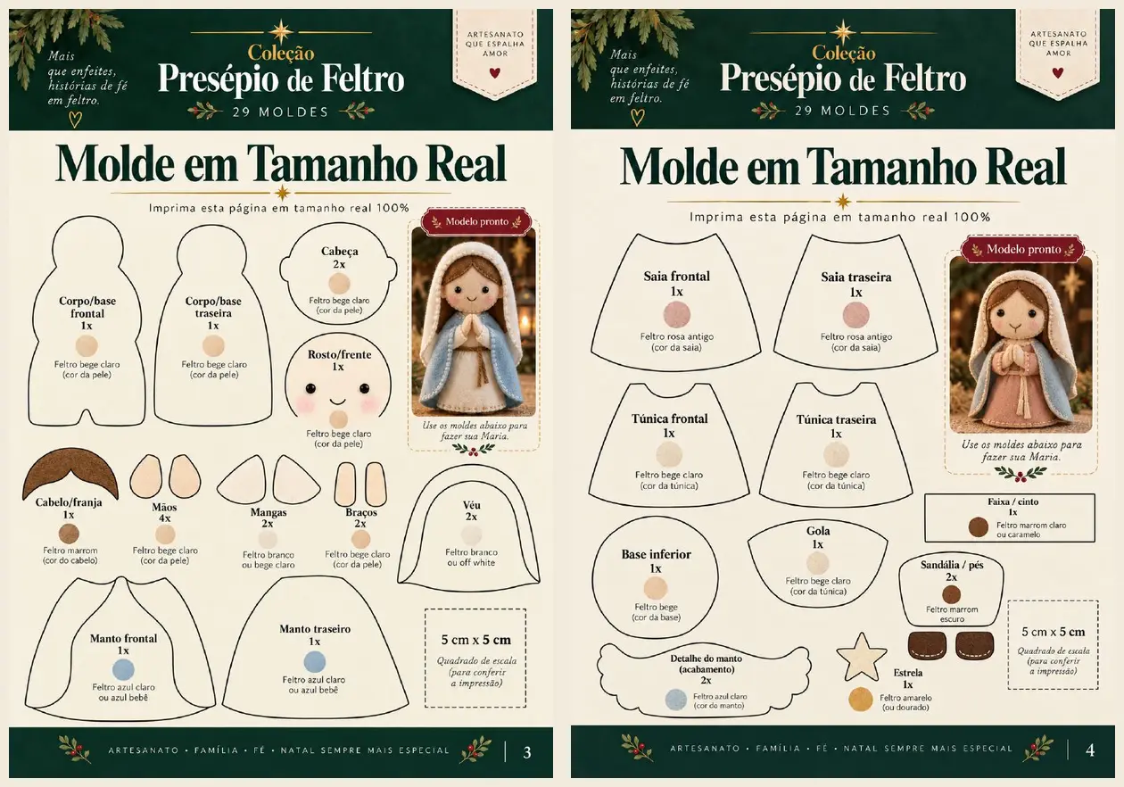 Páginas reais com moldes em tamanho real do projeto Maria