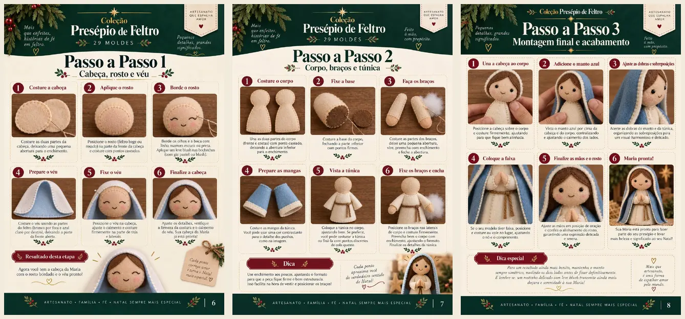 Páginas reais com o passo a passo visual de costura do projeto Maria